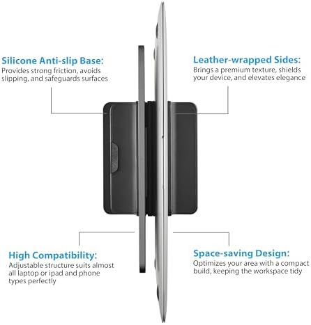 Dual Vertical Laptop Stand, 3 in 1 Upright Desktop Stand Holder with Adjustable Dock (Up to 17.3''), Leather Laptop Rack Storage Desk Organizer for Phone, Tablet, MacBook/HP/Dell/Chrome Book (Black)
