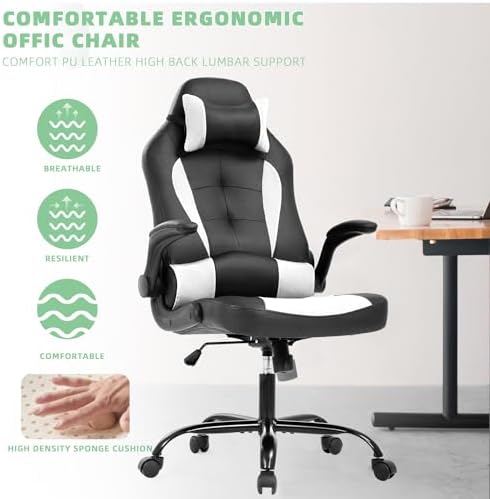 PC Gaming Chair,High Back Ergonomic Racing Office Desk Executive Chair with Lumbar Headrest Support,Flip Up Arms,PU Leather 360° Swivel for Kids Adults Women Men Gaming Home Office,White
