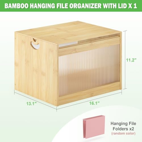 Bamboo Hanging File Box Organizer with Lid, File Folder, Nature, 1 Pack