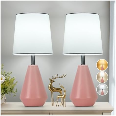 Small Bedside Table Lamp for Bedroom-Reading Desk Lamp Set of 2,with 3 Color Temperatures,15.5" Nightstand Ceramic Lamp with Fabric Shade for Kids Room,Living Room,Dorm,Home Office(Pink+White)