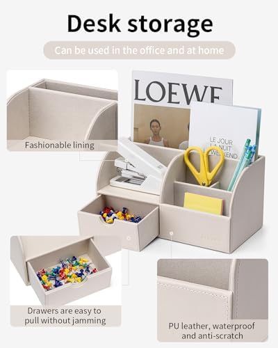 VLANDO Office Desk Organizer Leather Desktop Organizer Caddy with Drawer for Storing Desktop Supplies and Accessories (White)