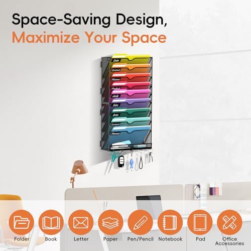 10-Tier Wall File Organizer with Hook, Hanging File Organizer Black