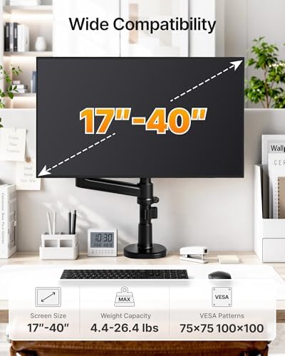 monTEK Tall Single Monitor Arm, 17–40" Full Motion Height Adjustable，Black