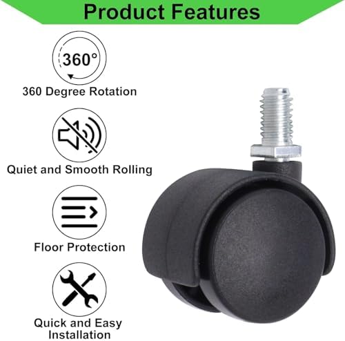 1 Inch Stem Swivel Casters Set of 4, M8 Threaded Stem Swivel Caster Wheels, 360° Rotation Heavy Duty Replacement Castors for Furniture Table Drawer Cabinet Plant Shelf Chair Wheels (Black)