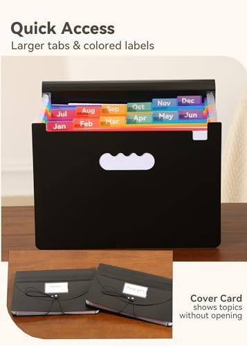 SortRax Monthly 12-Pocket Accordion File Organizer, Letter/A4 Size, Black