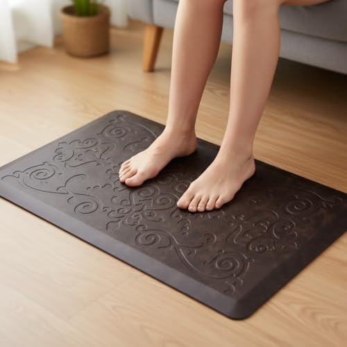 J&V TEXTILES Medallion Embossed Kitchen Mat Cushioned Anti Fatigue Floor Mat, Thick Non Slip Waterproof Kitchen Rugs and Mats,Heavy Duty Foam Standing Mat for Kitchen (Espresso, 17" X 28")