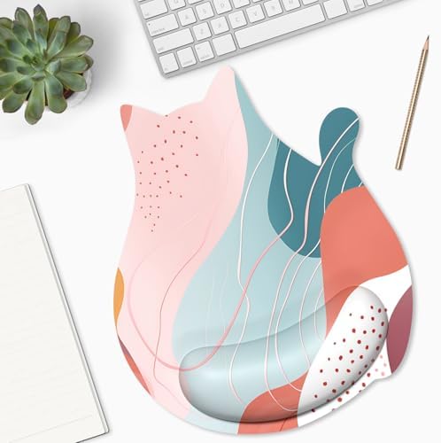 Ergonomic Mouse Pad with Wrist Rest, Cute Cat Memory Foam Padded Pain Relief Non-Slip Wrist Support Mouse Mat for Gaming Work Computer Laptop, Funny Office Supplies Desk Accessory, Abstract
