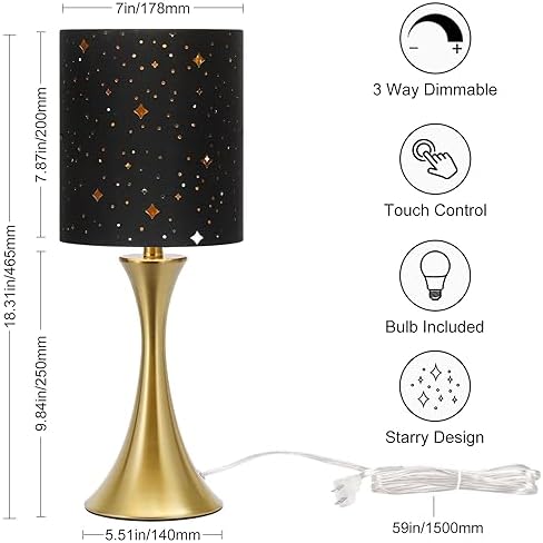 Touch Table Lamp,3 Way Dimmable Gold Bedside Lamp with Black Star Shade