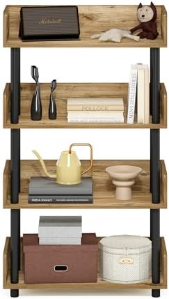 Furinno TURN-N-TUBE 4-Tier Display Shelf, Storage Shelves, Book Shelf, Open Shelves with Rounded Corner Top Edges, for Organization and Storage, Living Room, Home Office, Flagstaff Oak