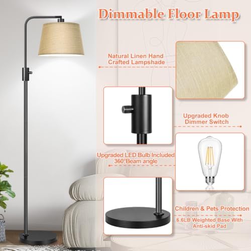 Nintiue Dimmable Floor Lamp, 1000 LM LED Edison Bulb Included, Arc Floor Lamps for Living Room Modern Standing Lamp Tall Lamps for Living Room Bedroom-Champagne