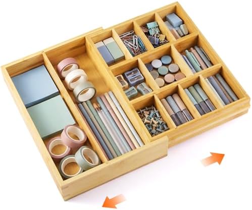 Bamboo Sliding Desk Drawer Organizer 9'' up to 17.9'' x 12'' x 2.2'' Expandable Office Desk Accessories Supplies Tray with 11 Compartments for Pens, Notebooks, Rulers, and Makeup Jewelry Vanity