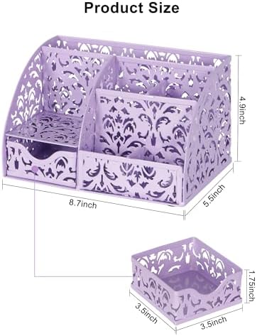 EasyPAG Pen Holder Desk Organizer with Drawer Pencil Cup for Desk 6 Compartments Metal Office Caddy Storage with Sticky Notes Holder for School Home Office, Purple