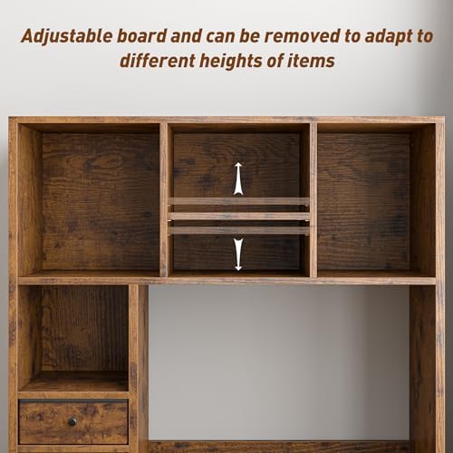 REIBII Desktop Bookshelf, 8 Shelves Desk Hutch for Dorm Room, Rustic Brown