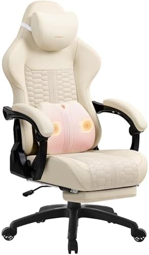Dowinx Gaming Chair for Adults with Footrest, Reclining Gamer Chair with Massage Lumbar Support, Ergonomic Big and Tall Office Computer Chair 400LBS, High Back PU Leather Gaming Computer Chair,Ivory