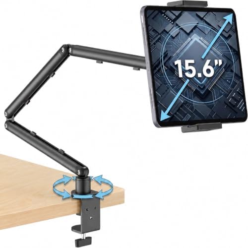 C-Clamp Tablet Mount with 30" Long Arm, Heavy Duty iPad Desk Stand for 4.7-15.6" iPad Pro/Air/Mini, iPhone, Samsung Galaxy Tab, Portable Monitor, 360° Swivel Holder for Office/Kitchen/Bedside