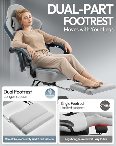 Dowinx Gaming Chair Breathable Fabric Game Chair with Gel Pad and Storage Bag, Comfortable Gamer Chair with Pocket Spring Cushion, Ergonomic Computer Chair with Footrest, Grey and Blue