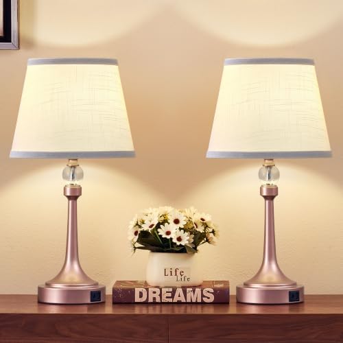 Touch Table Lamp Set of 2 with USB C+A Ports-19.7'' Rose Gold