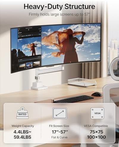 monTEK Ultrawide Monitor Arm Max 57",Height Adjustable 8.1"-25.5",White