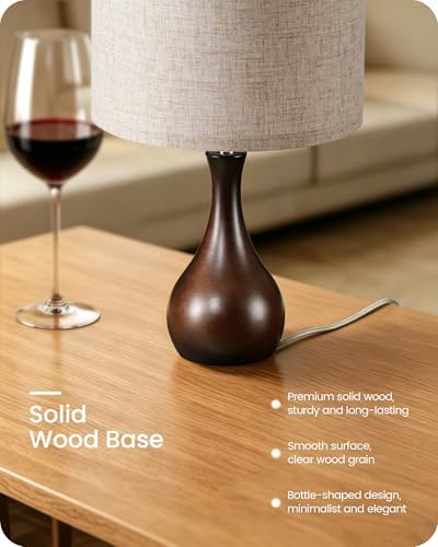 Small Table Lamp, 14.2" Cute Little Desk Lamp, Wood Bedside Lamp with Linen Lampshade, Modern Nightstand Lamp for Bedroom, E26 Base, Bulb Not Included, Beige & Dark Walnut STE09TL05