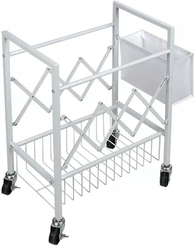 Home Gym Studio Organizer Cart, Movable Yoga Mat Storage Rack for Foam Roller/Badminton/Table Tennis Racket, with Hanging Storage Basket, Floor Standing，White L