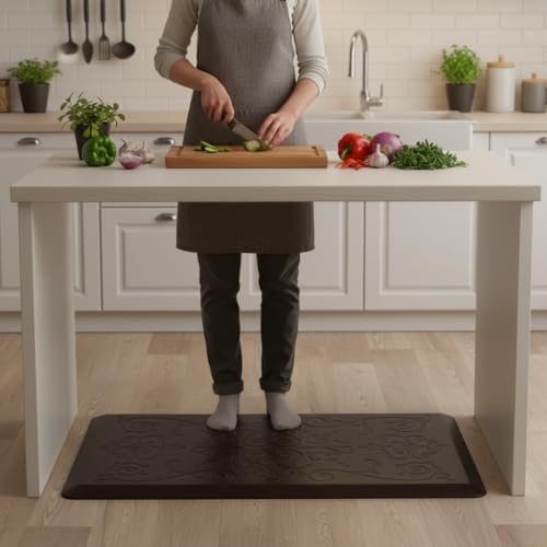 J&V TEXTILES Medallion Embossed Kitchen Mat Cushioned Anti Fatigue Floor Mat, Thick Non Slip Waterproof Kitchen Rugs and Mats,Heavy Duty Foam Standing Mat for Kitchen (Espresso, 17" X 28")