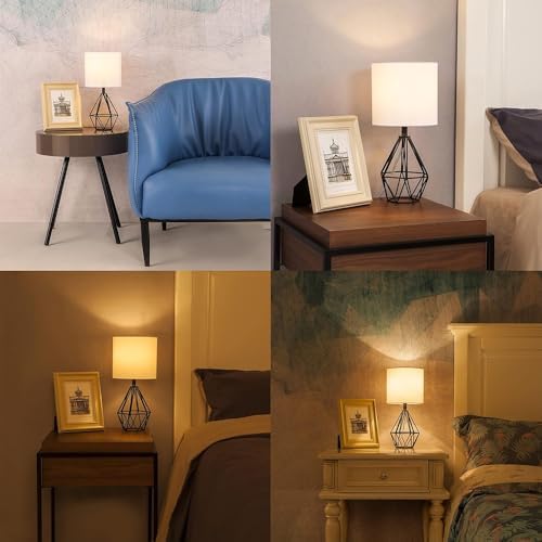 Black Bedside Table Lamp,Small Nightstand Lamp for Bedroom,Modern Desk Lamp with TC Fabric Shade Geometric Metal Base for Living Room Study Office Farmhouse