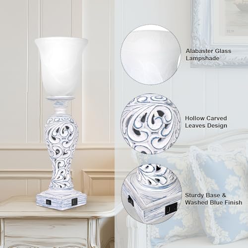 3-Way Dimmable Table Lamp with 2 USB Charging Ports, Washed Blue Finish