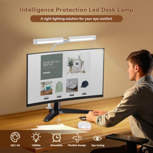 Pzloz Led Desk Lamp with Clamp: Architect Desk Lamp for Home Office, Eye Caring Double Head Computer Monitor Work Desk Light with Remote Control - 24W Flexible Dimmable Desktop Table Lamp White