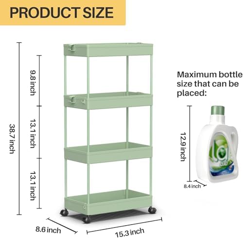 SPACELEAD 4 Tier Rolling Cart with Wheels, Storage Craft Art Trolley Organizer Serving, 3 Hanging Baskets Easy Assembly, for Office, Living Room, Kitchen
