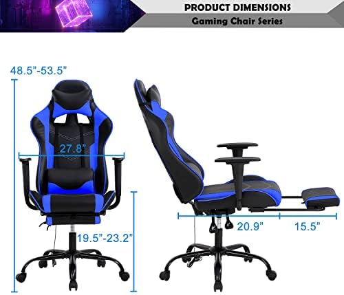 Blue Gaming Chair with Footrest, PU Leather Gaming Chairs for Adults, High Back Comfy Office Chair Ergonomic Desk Chair Computer Chair, Reclining Gamer Chair, Height & Backrest Adjustable, 300 Lbs