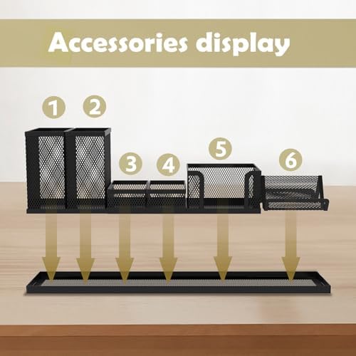 Pen Holder for Desk, 6-Piece Mesh Desk Organizer with Phone Holder, Black
