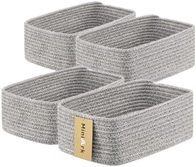 MiniArk Small Storage Baskets for Organizing | Closet Organizer Bins | Shelf Toy Basket | Woven Rope Baskets | Cube Decorative Box | Shallow Basket | 11.5x7.5x4.7” | 4 Packs Mixed Grey