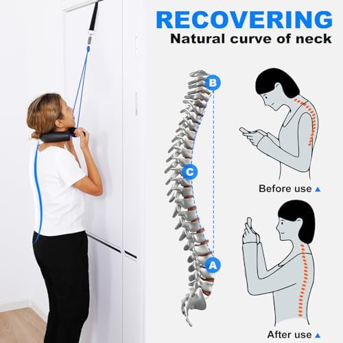Fanwer Cervical Neck Traction Device Over Door Home Use for Neck Pain Relief, Portable Neck Stretcher Strap for Spinal Decompression or Physical Therapy, Restore Natural Curve of Neck