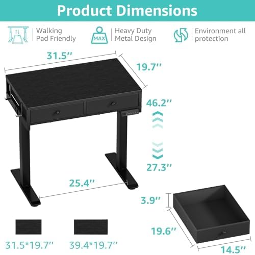 KLUVIS Black Sit Stand Desk with Drawers, 32 Inch Electric Standing Desk with Storage, Small Space Stand Up Computer Desks for Home Office Bedroom, Study Writing Desks for Walking Pad