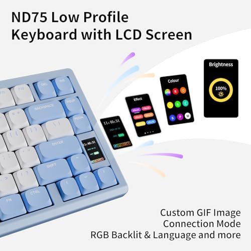 OOCTPK Mechanical Keyboard, Chilkey ND75 LP Wireless Gaming Keyboard with LCD Screen, Bluetooth 5.3/2.4G/USB-C, Hot Swappable Per-Key RGB Custom, Thin Front, Wrist Rest, Full-Aluminum, PC/Mac Support