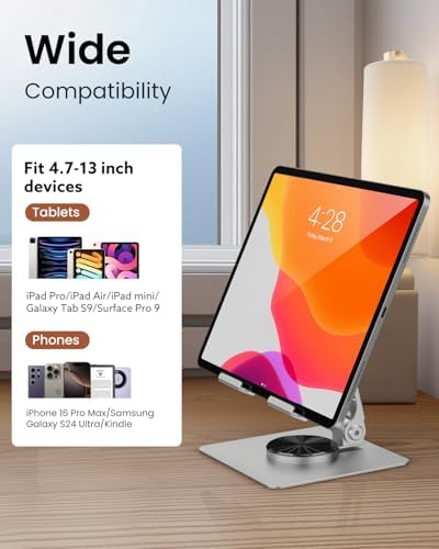 TIGRIS 360° Rotating Tablet Stand for iPad, Adjustable Foldable Metal Desk Stand, Stable Portable Tablet Holder for Office, Kitchen, Video Calls, Compatible with iPad Pro/Air/Mini, Kindle, Surface