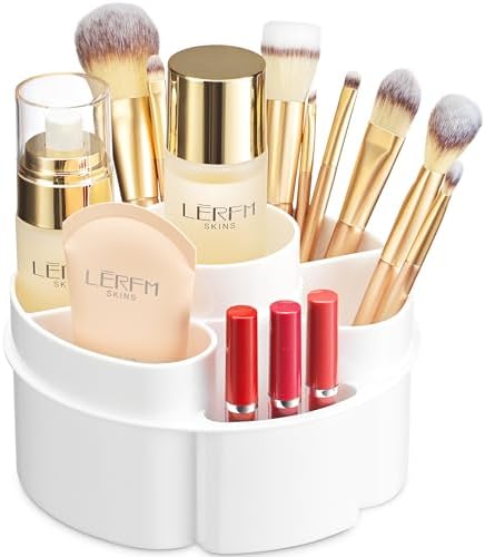Masirs Small 360 Rotating Makeup Organizer, 5 Compartments, Round White