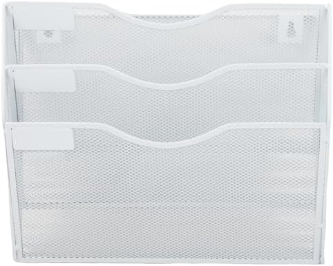 EASEPRES 3 Pocket Mesh Hanging Wall File Organizer, Wall Mounted Mail Paper Document Folder Holder, Clipboard Storage Organization Magazine Rack with Nametag Label for Office Home School, White