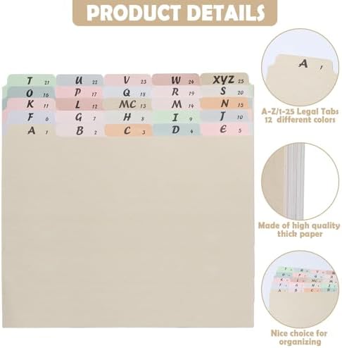 1 Set A-Z Alphabetic and Number Top Label Files, Legal Size, 25 Sheets File Dividers 1/5 Cut Label File Cabinet Dividers Desk Organizer for Office, Home and School (Classic)