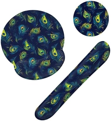 Blue Peacock Feather Keyboard Wrist Rest Pad and Mouse Pad Wrist Support Set,3-in-1 Ergonomic Mouse Pad with Non-Slip Rubber Base for Home Office Game Computers Desk,