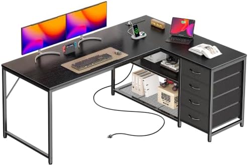 PRAISUN 53" L Shaped Desk with Power Outlets & 4 Drawers