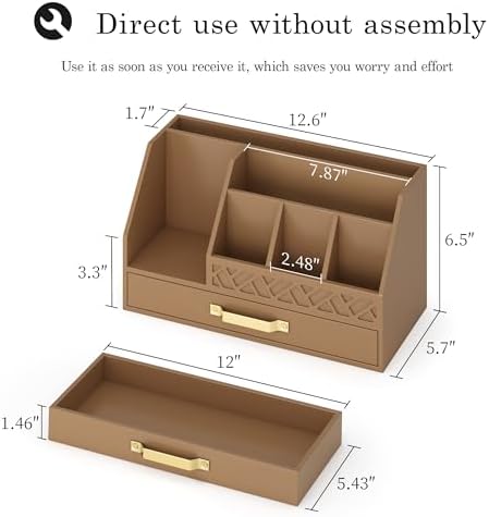 Bamboo Desk Organizer with Drawers, Mail Organizer Countertop Wood Desk Drawer Tabletop Storage Organization Pen Holder Letter Sorter Makeup Organizer for School Home Office (Brown)