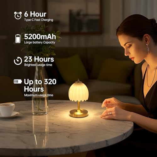 Shenmoyl Set of 2 Tulip Table Lamp with 5200mAh Battery & Touch Control, Cordless Small Table Lamp with 3 Colors, Rechargeable Battery Operated Table Lamps for Nightstand, Bedroom (White Tulip)