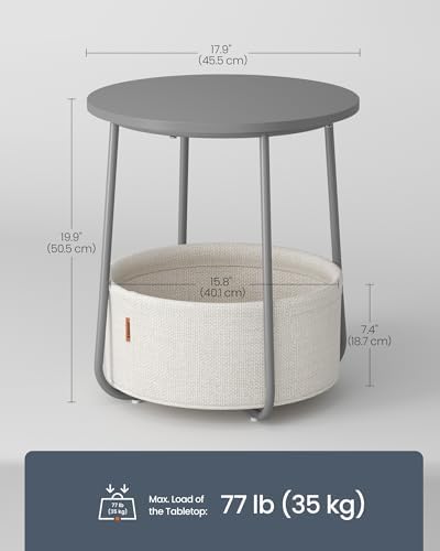 SONGMICS HOME Small Side Table, Round End Table, 2 Tier Nightstand with Basket, U Shaped Steel Legs, Easy Assembly, for Living Room, Bedroom, Gray and White