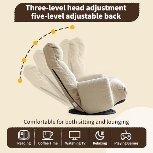 Swivel Lazy Floor Chair, Adjustable Reclining Floor Lounger with Head & Back Support and Phone Holder, Comfy Tatami Sofa Seat for Adults Bedroom & Gaming