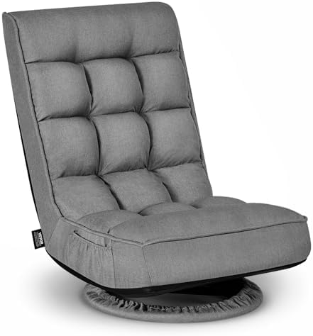 VEVOR Swivel Floor Gaming Chair, 360-Degree Rotating Floor Chair with 4 Adjustable Position Folding Backrest, Metal Frame with Recycled Foam and Linen Fabric, for Watching TV, Reading, Relaxing, Gray