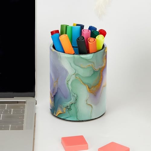 Teal Blue Marble Pen Holder Pencil Organizer Cute Pencil Cup Desk Decor Makeup Brush Holder PU Multifunctional Office Supplies for Home Classroom School