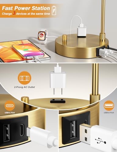 20.7" Gold Table Lamp with USB & Outlet, Fully Dimmable Nightstand Lamp