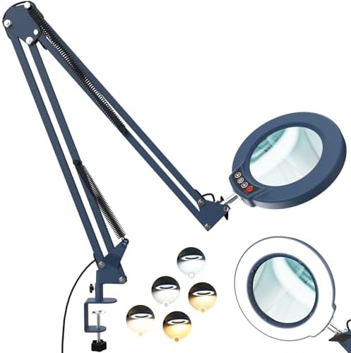 12X Large Magnifying Glass with Light and Clamp, Real Glass, 5 Color Modes, Stepless Dimmable, 2 x 16 Inch Adjustable Swing Arm Stand Desk Lamp, LED Lighted Magnifier Hands Free for Close Work - Blue