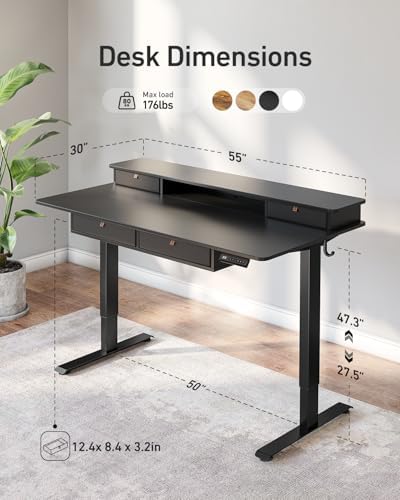 FEZIBO 55 x 30 inch Standing Electric Desk with Drawers, Black